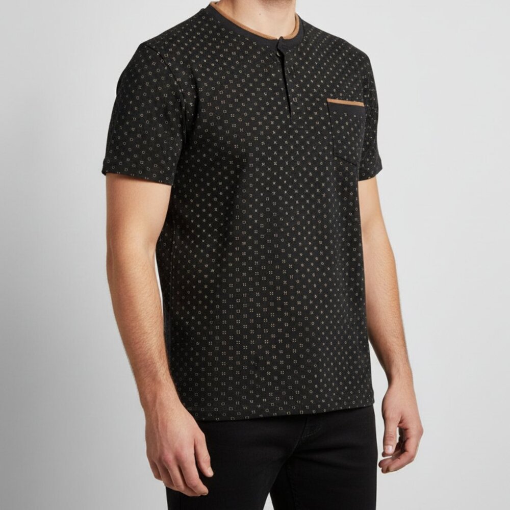 Craft+Flow Knitwear Men's‎ L Henley Shirt Black Tan Trim Pocket Cotton Tee